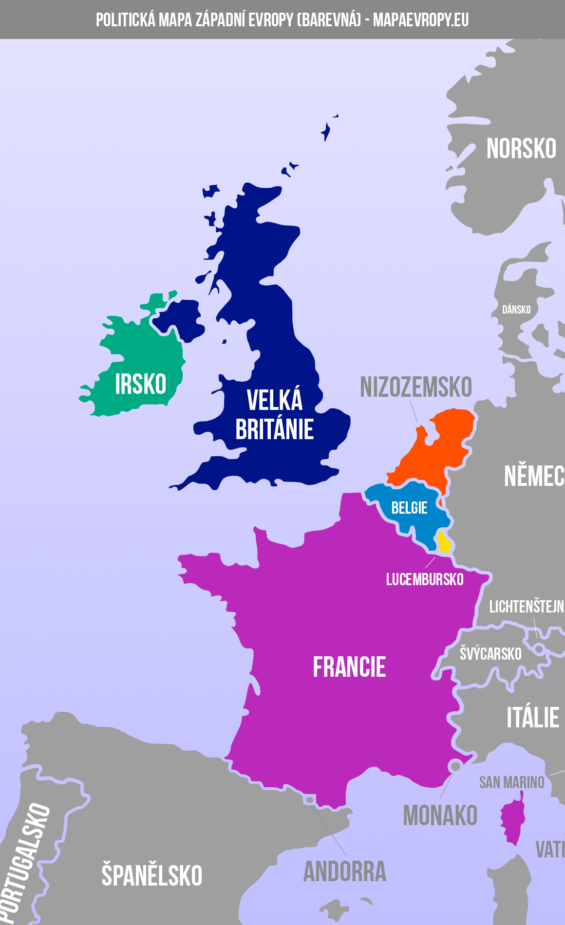 Mapa západní Evropy - politická a slepá | MapaEvropy.eu